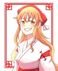 Rule 34 | 1girl, blonde hair, bow, breasts, detached sleeves, hourai girl (touhou), japanese clothes, long hair, miko, portrait of exotic girls, red headwear, red skirt, rokki hero, sidelocks, skirt, small breasts, touhou, upper body, very long hair, white bow, yellow eyes