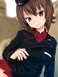 Rule 34 | 1girl, black hat, black jacket, brown eyes, brown hair, closed mouth, commentary, dress shirt, garrison cap, girls und panzer, gofu, hat, head tilt, insignia, jacket, kuromorimine military uniform, leaning to the side, long sleeves, looking at viewer, military, military hat, military uniform, miniskirt, nishizumi maho, pleated skirt, red shirt, red skirt, shirt, short hair, sitting, skirt, smile, solo, uniform, wing collar