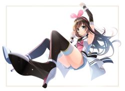 Rule 34 | 1girl, armpits, arms up, boots, bow, breasts, brown eyes, brown hair, detached sleeves, high heel boots, high heels, highres, kizuna ai, kizuna ai (elegant), kizuna ai inc., long hair, looking at viewer, nyanmaru, pink bow, small breasts, smile, solo, thigh boots, thighhighs, thighs, virtual youtuber, white background