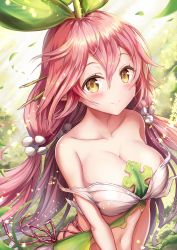 Rule 34 | 1girl, bare shoulders, blush, breasts, cleavage, collarbone, commentary request, eyes visible through hair, granblue fantasy, hair between eyes, hair ornament, highres, large breasts, leaf, long hair, looking at viewer, low twintails, monster girl, navel, pink hair, plant girl, sakura ani, smile, solo, twintails, yellow eyes, yggdrasil (granblue fantasy)