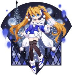 Rule 34 | 1girl, bare shoulders, bell, black thighhighs, blonde hair, blue dress, blue eyes, bow, ciel (mega man), closed mouth, collarbone, detached sleeves, dress, flat chest, full body, hair bell, hair ornament, high heels, highres, long hair, long sleeves, looking at viewer, mega man (series), mega man x (series), mega man x dive, mega man zero (series), mizuno keisuke, non-web source, official art, pom pom (clothes), shiny clothes, simple background, smile, snowflakes, solo, strapless, strapless dress, thighhighs, transparent background, zettai ryouiki