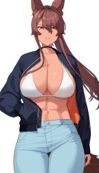 Rule 34 | 1girl, abs, animal ear fluff, animal ears, arm at side, black choker, blue pants, bra, breasts, brown eyes, brown hair, buttons, choker, commentary request, dark-skinned female, dark skin, denim, feet out of frame, franham, hair between eyes, hand in pocket, highres, jacket, jeans, large breasts, long hair, looking at viewer, muscular, muscular female, navel, open clothes, open jacket, open mouth, original, pants, parted lips, pocket, ponytail, revision, sidelocks, simple background, solo, standing, stomach, teeth, thigh gap, underboob, underwear, unzipped, white background, white bra