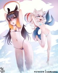 Rule 34 | 2girls, ball, beach, beachball, bikini, blue eyes, breasts, brown hair, cloud, day, fins, fish tail, foxinshadow, gawr gura, hair ornament, highres, hololive, hololive english, long hair, looking to the side, multicolored hair, multiple girls, ninomae ina&#039;nis, outdoors, sky, small breasts, streaked hair, striped bikini, striped clothes, summer, sunlight, swimsuit, tail, virtual youtuber, water, white hair
