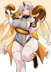 Rule 34 | 1girl, absurdres, animal, bare shoulders, blonde hair, blush, breasts, closed mouth, colored inner hair, commentary, covered navel, dress, english commentary, fire emblem, fire emblem heroes, forehead, genzosen (gairalin), grey dress, grey hair, gullveig (fire emblem), highres, horns, large breasts, long hair, looking at viewer, multicolored hair, nintendo, pale skin, parted bangs, single horn, sleeveless, sleeveless dress, snake, standing, standing on one leg, thighs, two-tone dress, two-tone hair, white dress, yellow eyes