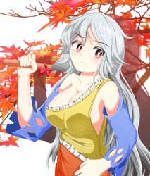 Rule 34 | 1girl, aospanking, autumn leaves, bare shoulders, bow, breasts, cleavage, detached sleeves, frills, frown, hatchet, holding, large breasts, long hair, nata (tool), red bow, red eyes, sakata nemuno, shadow, sideboob, silver hair, single strap, solo, touhou, tree, upper body, wavy hair, white background