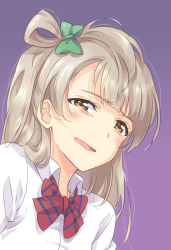 Rule 34 | 10s, 1girl, artist request, bow, brown eyes, collared shirt, commentary request, gradient background, grey hair, grimace, hair bow, love live!, love live! school idol project, minami kotori, one side up, portrait, purple background, school uniform, shirt, smile, solo, yagyuu hato
