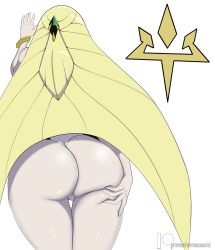 Rule 34 | 1girl, ass, bare shoulders, blonde hair, creatures (company), female focus, from behind, game freak, hair ornament, highres, huge ass, long hair, lusamine (pokemon), mature female, nintendo, pokemon, pokemon sm, simple background, sleeveless, solo, standing, swimsuit, very long hair, zero momentai