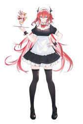 Rule 34 | 1girl, absurdres, alternate costume, arknights, black footwear, black thighhighs, bow, bowtie, closed mouth, commentary request, dress, fanshu, frilled dress, frills, full body, hair between eyes, highres, horns, long hair, looking at viewer, maid, maid headdress, parfait, pink eyes, puffy short sleeves, puffy sleeves, red hair, shoes, short sleeves, simple background, solo, surtr (arknights), thighhighs, white background, wrist cuffs, zettai ryouiki