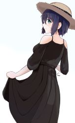 Rule 34 | 1girl, alternate costume, bad id, bad pixiv id, bare shoulders, black dress, blue eyes, chuunibyou demo koi ga shitai!, closed mouth, commentary, dress, eyepatch, from behind, gunu (nyzn3223), hat, highres, looking at viewer, looking back, profile, short hair, signature, simple background, skirt hold, sleeves past elbows, smile, solo, sun hat, takanashi rikka