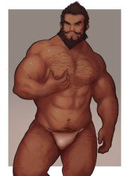 Rule 34 | 1boy, abs, arm hair, bara, beard, black hair, bulge, character request, chest hair, copyright request, dark-skinned male, dark skin, facial hair, feet out of frame, fundoshi, grabbing, hairy, japanese clothes, large pectorals, leg hair, looking at viewer, male focus, male pubic hair, male underwear, mature male, muscular, muscular male, navel, navel hair, nipples, pectoral grab, pectorals, pubic hair, ryker, grabbing own breast, short hair, solo, standing, stomach, thick eyebrows, thick thighs, thighs, underwear, underwear only, white male underwear