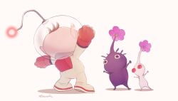 Rule 34 | 1boy, arms up, artist name, brown hair, commentary request, facing away, flower, from behind, gloves, helmet, highres, imitating, jumpsuit, looking at another, nintendo, olimar, pikmin (creature), pikmin (series), pink flower, purple pikmin, radio antenna, red eyes, red gloves, shadow, signature, simple background, space helmet, spacesuit, standing, stretching, toumin (touminmin1026), white background, white pikmin, yellow jumpsuit