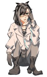 Rule 34 | 1girl, absurdres, amaotome, black-framed eyewear, black footwear, black hair, blue hair, blush, boots, commentary request, full body, glasses, gloves, green eyes, grey gloves, grey pantyhose, grey shorts, hair between eyes, highres, jacket, looking at viewer, medium bangs, nanashi inc., open mouth, oura rukako, pantyhose, pantyhose under shorts, short hair, shorts, simple background, solo, squatting, virtual youtuber, white background, white hair, white jacket