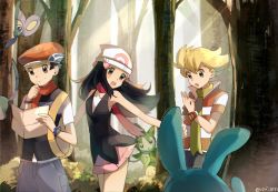 Rule 34 | 1girl, 2boys, aipom, azumarill, backpack, bad id, bad pixiv id, bag, barry (pokemon), black hair, black pants, blonde hair, blue pants, bracelet, brown eyes, creatures (company), dawn (pokemon), day, floating hair, forest, game freak, gen 2 pokemon, gen 3 pokemon, hair between eyes, hat, holding, jewelry, long hair, looking back, lucas (pokemon), miniskirt, multiple boys, nature, nintendo, open mouth, outdoors, pants, pink skirt, pokemon, pokemon (creature), pokemon dppt, red hat, red scarf, ririmon, roselia (pokemon), scarf, shirt, short sleeves, signature, skirt, sleeveless, sleeveless shirt, striped clothes, striped shirt, sweatdrop, tree, white hat