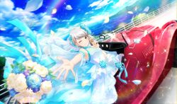 Rule 34 | 1girl, ;), asahina iroha, blue flower, blue petals, blue rose, blurry, bouquet, car, cinderella series, closed mouth, cloud, depth of field, dress, dutch angle, falling petals, film grain, flower, frilled dress, frills, game cg, hachigatsu no cinderella nine, highres, holding toy gun, lens flare, light particles, light rays, looking at viewer, motor vehicle, non-web source, ocean, official alternate hairstyle, official art, on car, one eye closed, outdoors, petals, reaching, reaching towards viewer, road, rose, short hair, sky, sleeveless, sleeveless dress, smile, solo, sparkle, sunbeam, sunlight, wedding dress, white hair, yellow eyes, yellow flower, yellow petals, yellow rose