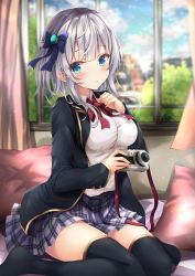 Rule 34 | 1girl, black jacket, black thighhighs, blouse, blue bow, blue eyes, blush, bow, bowtie, breasts, camera, collared shirt, curtains, day, grey hair, hair bow, highres, holding, holding camera, indoors, jacket, large breasts, long sleeves, looking at viewer, miniskirt, no shoes, open clothes, open jacket, original, parted lips, pillow, plaid, plaid skirt, pleated skirt, red bow, red bowtie, rumiko (rmeco), shirt, sitting, skirt, solo, thighhighs, wariza, white shirt, window