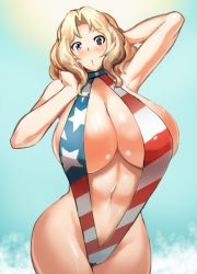 Rule 34 | 1girl, american flag swimsuit, arms up, blonde hair, blue eyes, blush, breasts, cleavage, commentary, cowboy shot, flag print, girls und panzer, hair intakes, hands in hair, head tilt, huge breasts, kay (girls und panzer), long hair, looking at viewer, navel, parted lips, print swimsuit, sasaki tatsuya, slingshot swimsuit, solo, standing, swimsuit