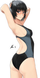 Rule 34 | 1girl, amagami, arms up, ass, bare arms, black hair, black one-piece swimsuit, bob cut, breasts, brown eyes, closed mouth, commentary request, competition swimsuit, from behind, highres, looking at viewer, medium breasts, nanasaki ai, one-piece swimsuit, short hair, smile, solo, swimsuit, yoo tenchi