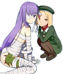 Rule 34 | 2girls, absurdres, arm support, bandage over one eye, bandaged arm, bandaged head, bandaged leg, bandages, beret, blonde hair, boots, brown footwear, brown legwear, closed mouth, collared jacket, collared shirt, commentary request, fate/grand order, fate (series), green hat, green jacket, hair between eyes, hat, highres, jacket, kingprotea (fate), long hair, moss, multiple girls, pantyhose, parted bangs, paul bunyan (fate), purple eyes, purple hair, red shirt, sanpeita, shirt, sitting, smile, squatting, very long hair, wariza, white background, yellow eyes