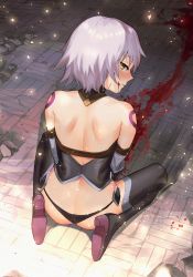 Rule 34 | 1girl, absurdres, ass, back, back focus, bandaged arm, bandages, bare back, bare shoulders, black panties, black thighhighs, blood, butt crack, eredhen, facial scar, fate/apocrypha, fate/grand order, fate (series), from behind, green eyes, grey hair, highres, jack the ripper (fate/apocrypha), looking at viewer, looking back, lowleg, lowleg panties, panties, scar, scar across eye, scar on cheek, scar on face, short hair, shoulder tattoo, sitting, solo, tattoo, thighhighs, underwear