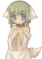Rule 34 | 7010, animal ears, bare shoulders, blue eyes, braid, collar, green hair, lowres, solo, tail, twin braids