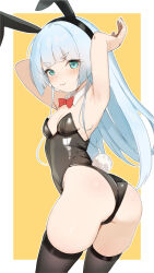 Rule 34 | 1girl, :3, animal ear hairband, animal ears, aqua eyes, armpits, arms up, ass, black hairband, black leotard, black thighhighs, blue hair, blunt bangs, blush, border, bow, bowtie, breasts, commentary request, commission, cowboy shot, detached collar, fake animal ears, flower knight girl, from side, hairband, hatsuyukisou (flower knight girl), highres, leotard, light blue hair, long hair, looking at viewer, outside border, playboy bunny, rabbit tail, red bow, red bowtie, sakieko, simple background, skeb commission, small breasts, solo, standing, strapless, strapless leotard, tail, thighhighs, thighs, turning head, white border, yellow background