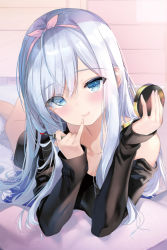 Rule 34 | 1girl, blue eyes, blush, emily (pure dream), hairband, long hair, looking at viewer, lying, on stomach, original, silver hair, smile, solo