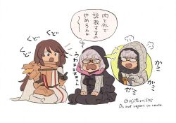 Rule 34 | asaya minoru, black-framed eyewear, black gloves, brown eyes, brown hair, commentary request, copyright request, english text, glasses, gloves, grey hair, hood, hood up, index finger raised, long hair, long sleeves, opaque glasses, open mouth, robe, seiza, simple background, sitting, teardrop, translation request, twitter username, very long hair, wavy mouth, white background, white robe