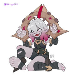 Rule 34 | 1girl, :d, ahoge, bandaged foot, bandaged leg, bandages, bare shoulders, black shirt, black shorts, blank eyes, bogo, breasts, briar (league of legends), commentary request, fangs, full body, gradient hair, grey hair, highres, korean commentary, league of legends, looking at viewer, multicolored hair, open mouth, pointy ears, purple hair, shirt, short shorts, shorts, simple background, sleeveless, sleeveless shirt, small breasts, smile, soles, solo, tobogo, twitter username, white background, white nails