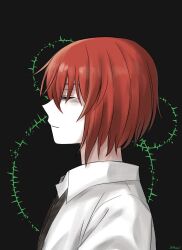 Rule 34 | 1girl, absurdres, closed eyes, closed mouth, delfuze, hatori chise, highres, mahou tsukai no yome, profile, red hair, shirt, short hair, signature, solo, upper body, white shirt