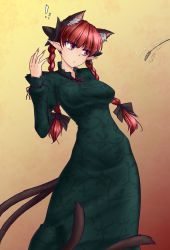 Rule 34 | !, !!, 1girl, animal ears, bow, braid, breasts, cat ears, cat tail, cat teaser, dress, extra ears, fingernails, green dress, hair bow, hater (hatater), highres, kaenbyou rin, long dress, long fingernails, long hair, long sleeves, medium breasts, multiple tails, nail polish, pointy ears, red eyes, red hair, red nails, revision, sharp fingernails, solo, tail, touhou, twin braids