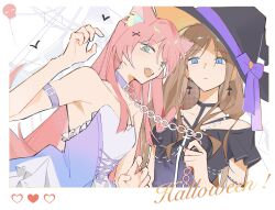 Rule 34 | 2girls, animal ear fluff, animal ears, armband, artist request, bang dream!, bang dream! it&#039;s mygo!!!!!, bare shoulders, black dress, black hat, blue eyes, brown hair, chihaya anon, closed mouth, collarbone, commission, cross, cross earrings, cursive, dog ears, dog girl, dog tail, dress, earrings, english text, fang, hair ornament, halloween, hand up, hat, hat ribbon, heart, highres, holding, holding leash, jewelry, leash, long hair, looking at viewer, multiple girls, nagasaki soyo, off-shoulder dress, off shoulder, open mouth, pink hair, purple dress, purple ribbon, ribbon, second-party source, smile, strapless, strapless dress, swimsuit, tail, upper body, witch hat, x hair ornament