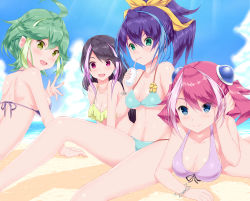 Rule 34 | 4girls, :d, ahoge, aqua eyes, arm support, bikini, blue eyes, blue hair, blue sky, blush, bow, bracelet, bracelet girls, breasts, calcio, cleavage, cloud, collarbone, cup, day, disposable cup, drinking, drinking straw, earrings, eyebrows, frilled bikini, frills, front-tie bikini top, front-tie top, green eyes, green hair, hair between eyes, hair bow, hair ornament, hair ribbon, halterneck, hand in own hair, hand on own head, highres, hiiragi yuzu, holding, holding cup, jewelry, knee up, kurosaki ruri, long hair, looking at viewer, lying, medium breasts, mouth hold, multicolored hair, multiple girls, navel, ocean, on stomach, open mouth, outdoors, pink eyes, pink hair, ponytail, purple bikini, purple hair, ribbon, rin (yu-gi-oh!), sand, serena (yu-gi-oh!), siblings, sisters, sitting, sky, smile, stomach, strap gap, streaked hair, string bikini, summer, sunlight, swimsuit, two-tone hair, underboob, yellow bikini, yu-gi-oh!, yu-gi-oh! arc-v