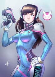 Rule 34 | 1girl, absurdres, afba, ahmad fuad ahiari, animal print, artist name, blue bodysuit, bodysuit, bracer, breasts, brown eyes, brown hair, charm (object), chromatic aberration, clothes writing, contrapposto, cowboy shot, d.va (overwatch), facepaint, facial mark, gloves, gradient background, grey background, gun, hand on own hip, handgun, headphones, high collar, highres, holding, holding gun, holding weapon, long hair, looking at viewer, matching hair/eyes, medium breasts, overwatch, overwatch 1, parted lips, pilot suit, pinky out, pistol, rabbit print, ribbed bodysuit, shoulder pads, signature, skin tight, smile, solo, standing, swept bangs, trigger discipline, weapon, whisker markings, white gloves