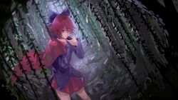 Rule 34 | 1girl, ahoge, blouse, blue shirt, blurry, bow, cape, cowboy shot, dark, depth of field, hair between eyes, hair bow, hands up, high collar, kaatoso, long sleeves, miniskirt, night, no neck, perspective, purple shirt, red eyes, red hair, red skirt, ribbon-trimmed sleeves, ribbon trim, sekibanki, shirt, short hair, skirt, solo, standing, thighs, touhou, tree, untucked shirt, wading, water, willow