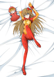 Rule 34 | 00s, 1girl, absurdres, arm behind head, arm up, bed sheet, blue eyes, bodysuit, breasts, brown hair, doll, evangelion: 2.0 you can (not) advance, female focus, from above, full body, highres, humangate, latex, latex suit, leg up, long hair, lying, neon genesis evangelion, on back, plugsuit, rebuild of evangelion, skin tight, solo, souryuu asuka langley, stuffed toy, test plugsuit