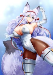 Rule 34 | 1girl, animal ear fluff, animal ears, arm up, armpits, barbariank, bare shoulders, blue eyes, boots, breasts, cleavage, commentary, covered erect nipples, covered navel, elbow gloves, english commentary, fox ears, fox girl, fox tail, gloves, hair between eyes, heart, heart-shaped pupils, highres, huge breasts, large tail, leotard, light purple hair, long hair, looking at viewer, meyeri (barbariank), original, smile, solo, symbol-shaped pupils, tail, thigh boots, white footwear, white gloves, white hair, white leotard