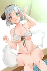 Rule 34 | 1girl, absurdres, alternate costume, arm up, armpits, bare shoulders, bikini, black hairband, black ribbon, blush, bow, breasts, collarbone, commentary request, floor, ghost, green bow, green eyes, grey bikini, grey hair, hairband, hands up, highres, hitodama, konpaku youmu, konpaku youmu (ghost), light, looking at viewer, medium breasts, navel, open mouth, ribbon, short hair, simple background, sitting, solo, summer, sweat, sweatdrop, swimsuit, tegral (tegral 0510), touhou, umbrella, water, white background