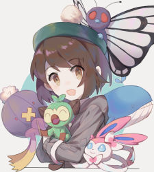 Rule 34 | 1girl, :d, absurdres, blue eyes, bow, brown eyes, brown hair, butterfree, chinese commentary, closed mouth, creatures (company), drifblim, fangs, game freak, gen 1 pokemon, gen 3 pokemon, gen 4 pokemon, gen 6 pokemon, gen 8 pokemon, gloria (pokemon), grey hoodie, grookey, hat, highres, hood, hood down, hoodie, hug, idass (idass16), long sleeves, looking at viewer, nintendo, open mouth, pink bow, pokemon, pokemon (creature), pokemon swsh, short hair, sidelocks, simple background, smile, solo, sprout, sylveon, two-tone background, two-tone bow, upper body, wailord, white background