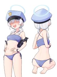 Rule 34 | 1girl, 28 (282teeth), :d, absurdres, ass, barefoot, bikini, blue archive, blue bikini, blush, hair over eyes, halo, hat, highres, multiple views, open mouth, seiza, simple background, sitting, smile, sweatdrop, swimsuit, valkyrie police academy student, valkyrie police academy student (blue archive), white background
