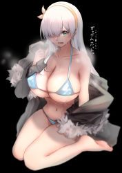 Rule 34 | 1girl, anastasia (fate), bad id, bad pixiv id, bare shoulders, bikini, blue bikini, blue eyes, blush, breasts, cleavage, collarbone, fate/grand order, fate (series), fur-trimmed jacket, fur trim, grey jacket, hair over one eye, hairband, highres, jacket, large breasts, long hair, long sleeves, looking at viewer, navel, nepodayo, off shoulder, open mouth, silver hair, sitting, solo, swimsuit, translation request, very long hair, wariza