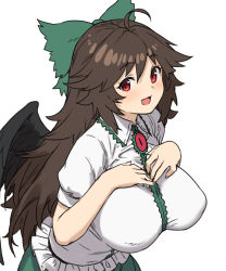 Rule 34 | 1girl, :d, black hair, black wings, bow, breasts, green bow, hair bow, hands on own chest, highres, houtengeki, large breasts, long hair, looking at viewer, open mouth, red eyes, reiuji utsuho, shirt, short sleeves, simple background, smile, solo, touhou, white background, white shirt, wings
