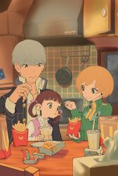 Rule 34 | 1boy, 2girls, absurdres, black eyes, black jacket, blush, brown hair, child, closed mouth, commentary request, cup, disposable cup, doujima nanako, dress, food, french fries, green jacket, grey hair, highres, holding, holding cup, indoors, jacket, kurosususu, long sleeves, mcdonald&#039;s, mouth hold, multiple girls, narukami yuu, open clothes, open jacket, orange hair, parody, persona, persona 4, pink dress, satonaka chie, shirt, short hair, sitting, sitting on person, sleeves past wrists, smile, sweater, table, track jacket, turtleneck, turtleneck sweater, twintails, white shirt, white sweater, yoru mac