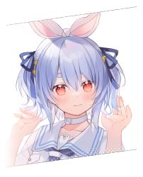 Rule 34 | 1girl, animal ears, blue hair, blue ribbon, blush, carrot hair ornament, choker, closed mouth, collarbone, commentary request, dress, food-themed hair ornament, hair between eyes, hair ornament, hair ribbon, hands up, highres, hololive, looking at viewer, orqz, puffy short sleeves, puffy sleeves, rabbit ears, red eyes, ribbon, short eyebrows, short sleeves, solo, thick eyebrows, two side up, upper body, usada pekora, usada pekora (casual), virtual youtuber, white background, white choker, white dress