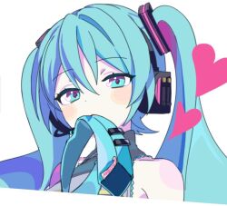 Rule 34 | 1girl, aqua eyes, aqua hair, aqua necktie, bare shoulders, blush stickers, cropped torso, grey shirt, hair ornament, hashtag-only commentary, hatsune miku, headphones, holding necktie, long hair, mouth hold, necktie, portrait, shirt, simple background, sleeveless, sleeveless shirt, solo, twintails, vocaloid, vs0mr, white background