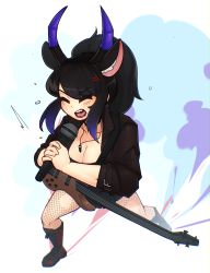 Rule 34 | 1girl, anger vein, animal ears, black footwear, black hair, blue hair, boots, breasts, cleavage, closed eyes, collarbone, commission, cross-laced footwear, d-floe, facing viewer, fishnet pantyhose, fishnets, gradient hair, guitar, highres, holding, holding microphone, horns, instrument, jewelry, knee boots, lace-up boots, large breasts, medium hair, microphone, multicolored hair, music, necklace, original, pantyhose, ponytail, singing, solo, teeth, torn clothes, torn pantyhose