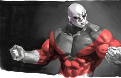 Rule 34 | 1boy, alien, arms at sides, bald, biceps, black eyes, bodysuit, clenched hands, colored skin, covered abs, cropped torso, dragon ball, dragon ball super, gloves, grey skin, jiren, junny, large pectorals, looking to the side, male focus, muscular, muscular male, pectorals, red bodysuit, solo, unfinished, veins, veiny arms, white gloves