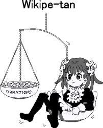 Rule 34 | 1girl, apron, black dress, black leggings, blush, blush stickers, box, chinese text, coin, donation box, dress, english text, greek text, grey hair, greyscale, hair ornament, jaggy lines, japanese text, kasuga (kasuga39), leggings, lowres, money, monochrome, no shoes, personification, pixel art, puffy sleeves, puzzle piece, puzzle piece hair ornament, ribbon-trimmed apron, ribbon trim, scale, short twintails, transparent background, twintails, waist apron, wikipe-tan, wikipedia
