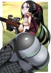 Rule 34 | 1girl, absurdres, armor, ass, black eyes, black hair, breasts, cameltoe, expressionless, from behind, gun, hair ornament, hair scrunchie, highres, huge ass, kai schren, long hair, looking at viewer, lying, on side, pants, ponytail, ribbon, rifle, scrunchie, senjou no valkyria (series), senjou no valkyria 4, shiny clothes, sideboob, skin tight, sniper rifle, solo, steve chopz, tight clothes, tight pants, very long hair, weapon