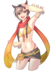 Rule 34 | 1girl, bikini, breasts, cosplay, final fantasy, final fantasy x, final fantasy x-2, final fantasy xiv, looking at viewer, navel, open mouth, rikku (ff10), scarf, short hair, simple background, skirt, smile, solo, solo inagi, swimsuit, thong bikini, white background