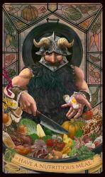Rule 34 | 1boy, beard, border, brown hair, cooking, dungeon meshi, dwarf, egg (food), facial hair, fake horns, food, helmet, highres, holding, holding knife, horned helmet, horns, incoming food, kingcael, knife, long beard, looking at viewer, male focus, ornate border, realistic, senshi (dungeon meshi), solo, thick mustache, toned, toned male, very long beard